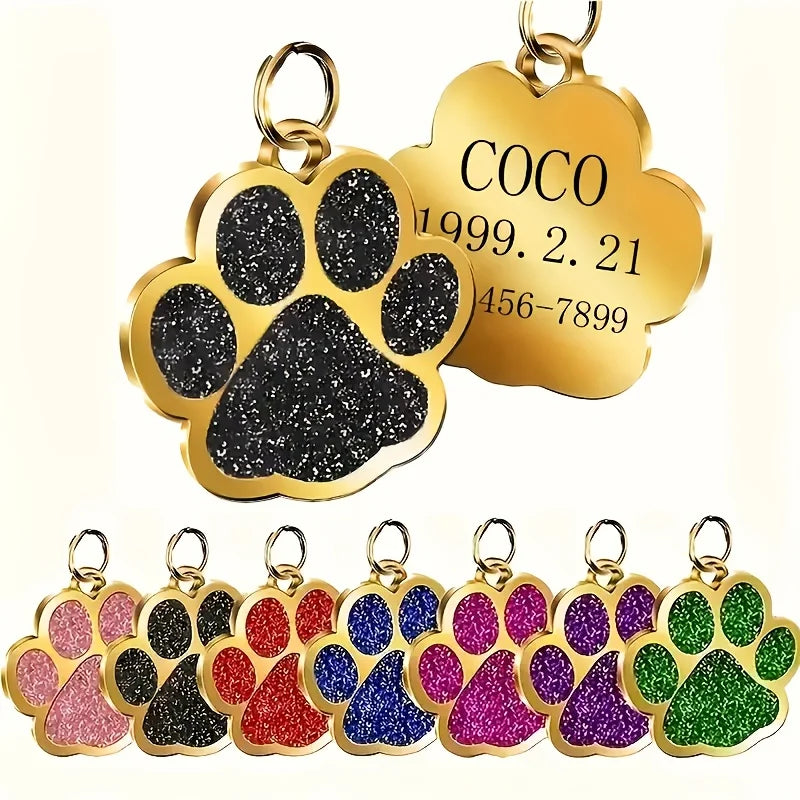 Placa de Identificación Personalizada con Huella de Pata para Mascotas – Chapa Metálica Antirrobo Grabada a Medida con Nombre y Número de Teléfono para Perros y Gatos