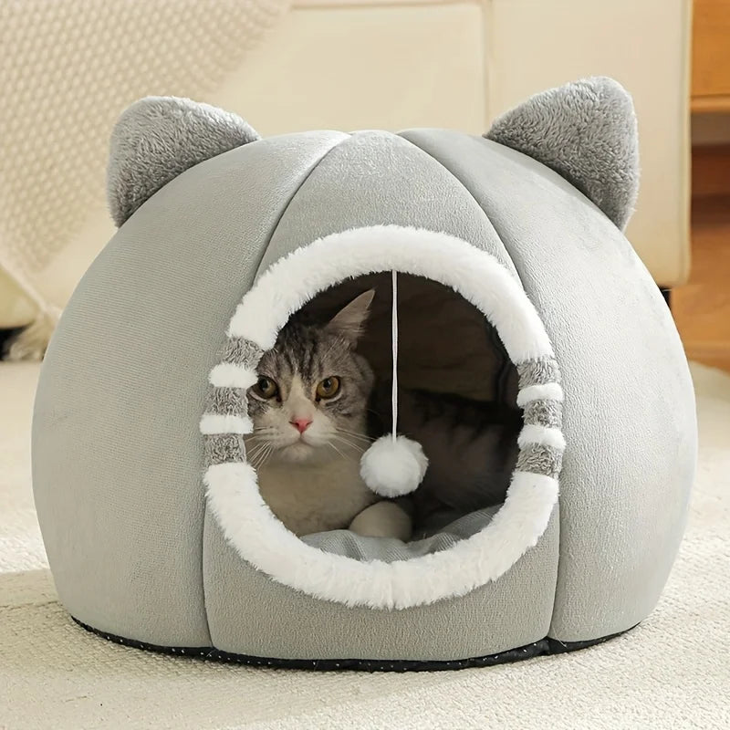 Cozy Cat Cave Bed with Plush Cushion – Warm Indoor Hideaway for Cats & Small Pets