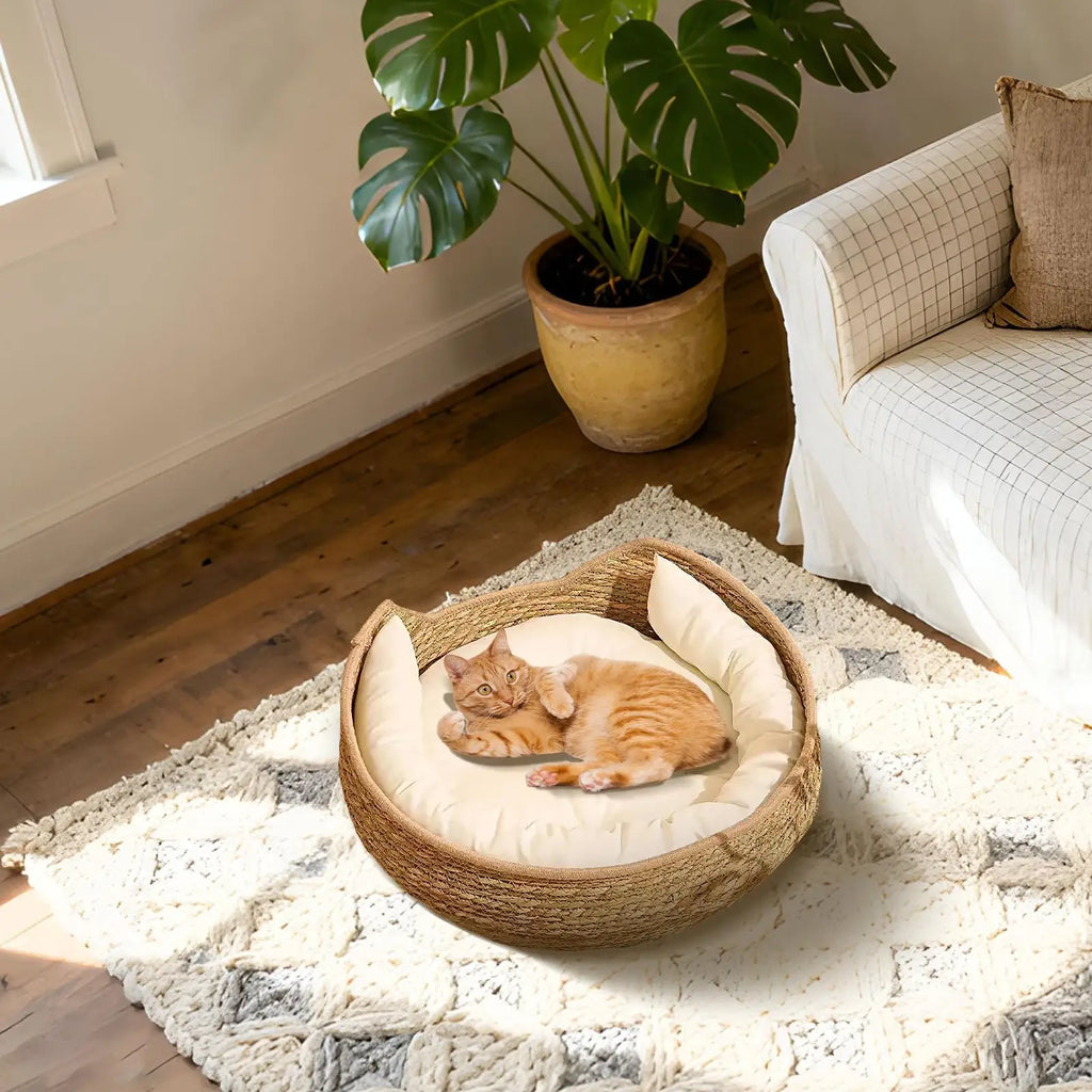 Cozy Cotton Rope Cat Bed with Soft Cushion – Round Woven Pet Basket
