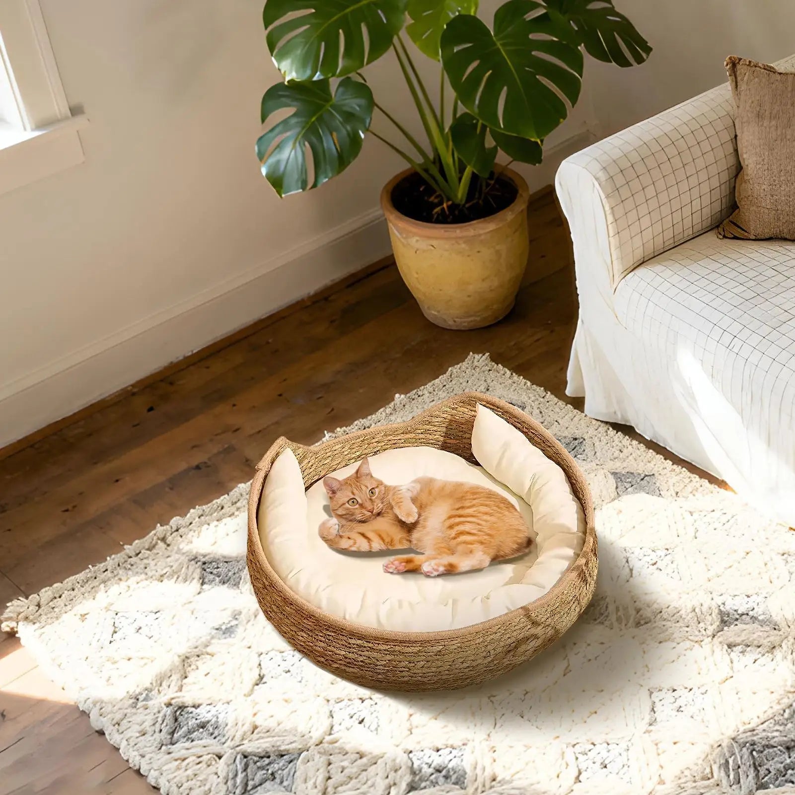 Cozy Cotton Rope Cat Bed with Soft Cushion – Round Woven Pet Basket