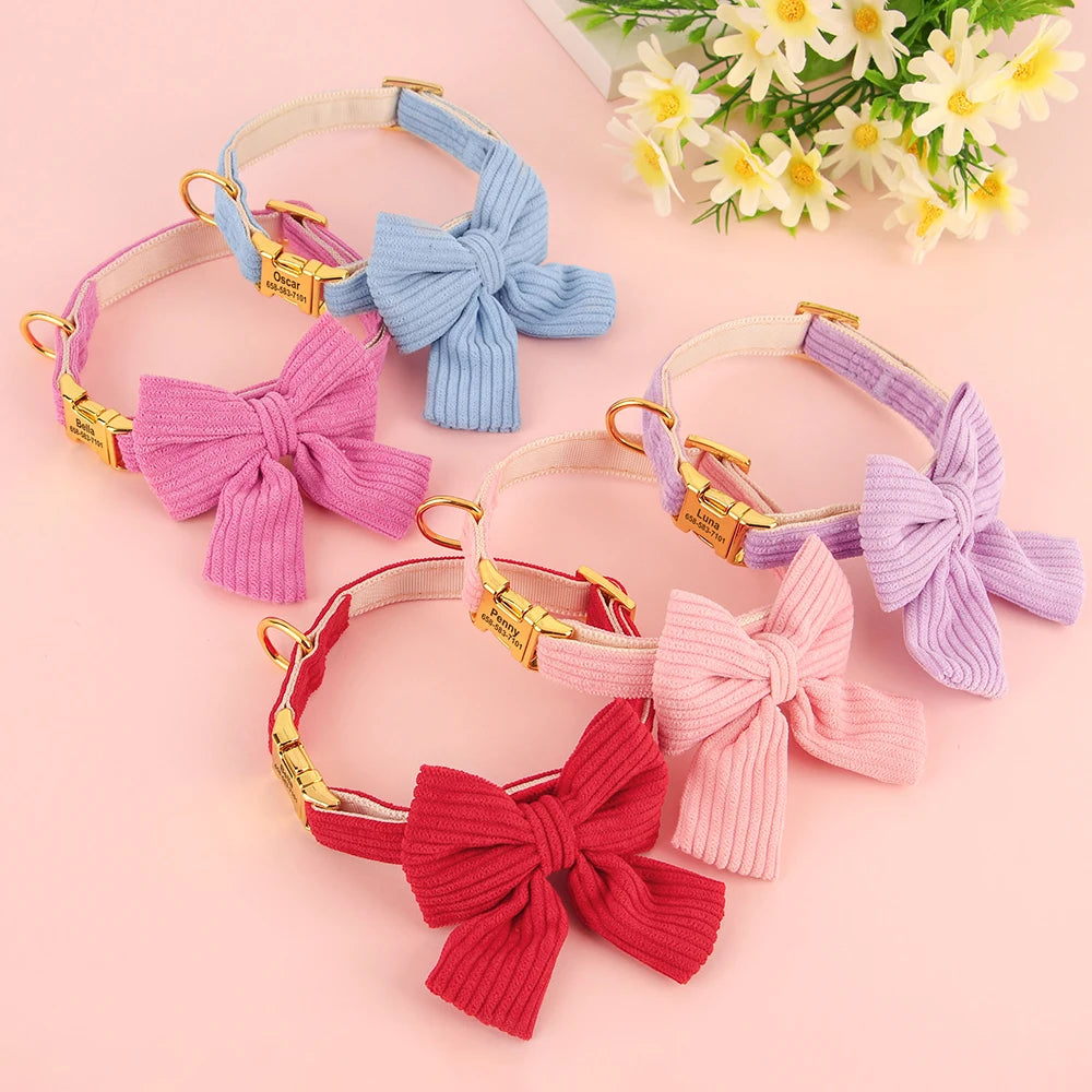 Personalisiertes Hundehalsband mit Schleife – Individuell graviertes Tier-ID-Halsband für kleine & mittelgroße Hunde, verstellbares Welpenhalsband