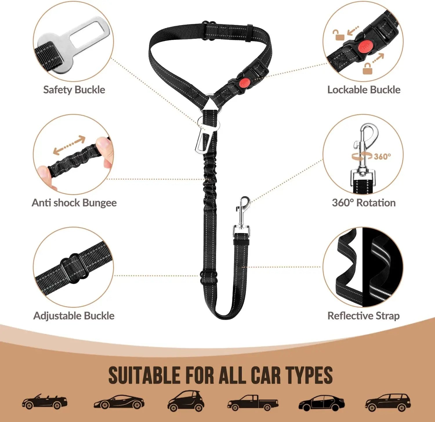 Shock-Absorbing Dog Car Seat Belt Restraint