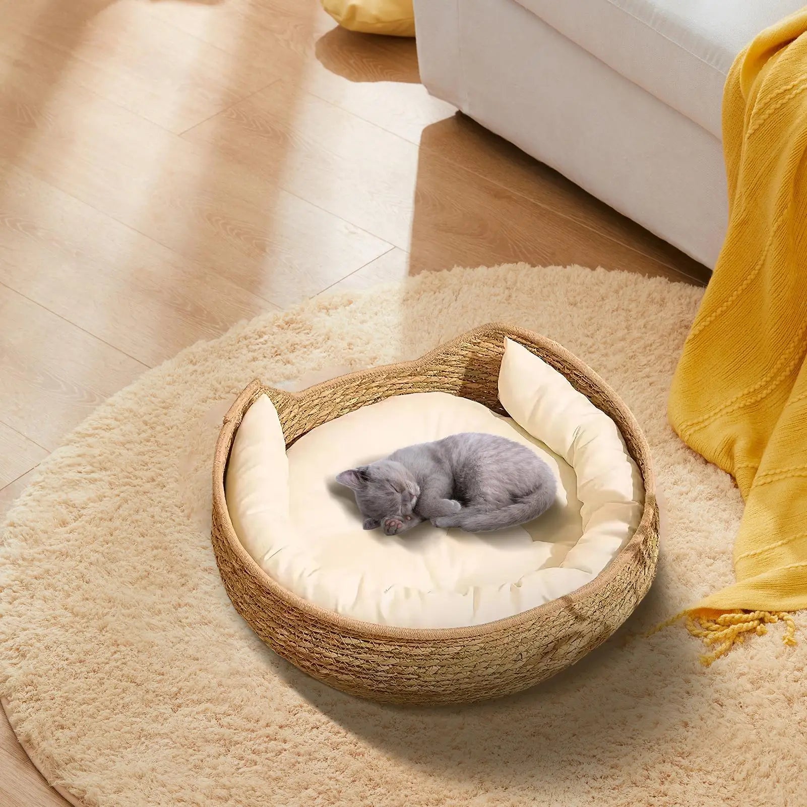 Cozy Cotton Rope Cat Bed with Soft Cushion – Round Woven Pet Basket